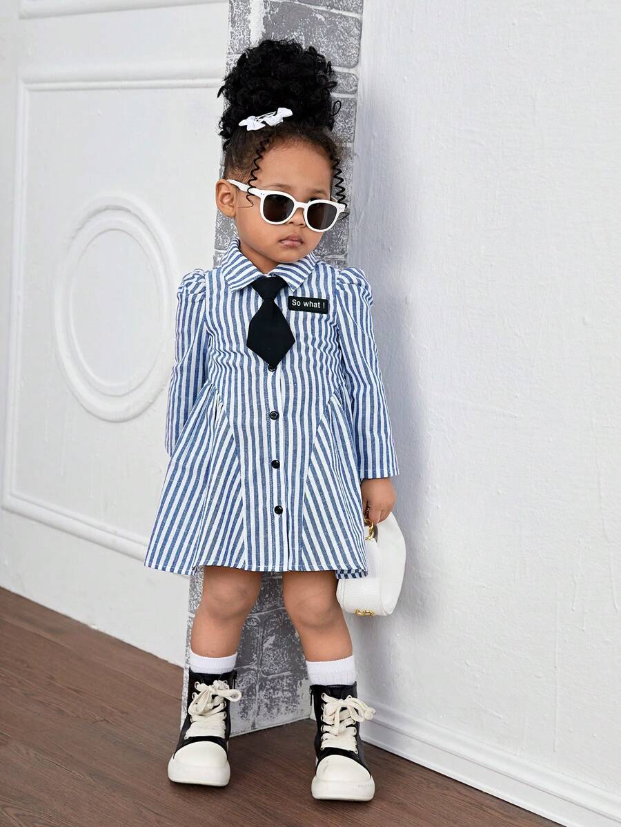 Bubblio Baby Girl Woven Long Sleeve Striped Collared Fitted Casual Dress (Tie Not Included) - Blue - View 1