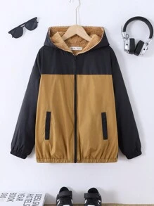 Tween Girls' Loose Casual Color Blocking Hooded Thermal Lined Thick Jacket - Khaki - View 5