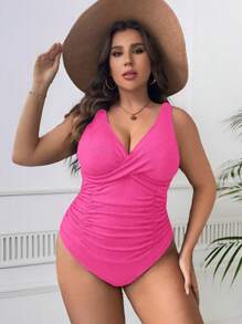 SHEIN Swim Curve 大尺碼純色v領集褶單件泳衣,收腹控制泡泡衣沙灘套裝假期風情 - 粉色 - 查看 1
