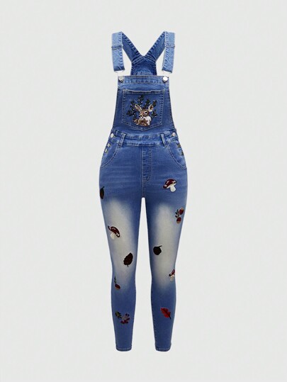 Fairycore Nature-Inspired Green Plant & Animal Embroidery Women Denim Bib Overalls