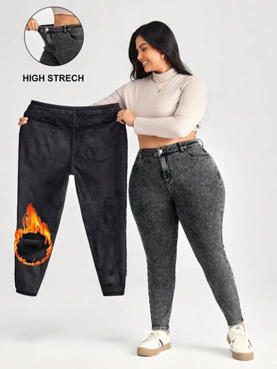 SHEIN CURVE+ 灰色加大码牛仔裤紧身弹力裤，内衬更保暖