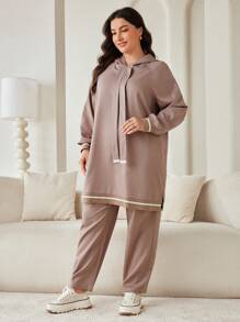 Mulvari Middle East Style Plus Size Contrast Color Trim Hooded Long Sleeve Top And Long Pants Casual 2 Pieces Set 2 Pieces Set