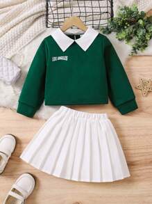 SHEIN 2 件套女童黑色字母印花领运动衫和白色褶皱迷你裙，时尚可爱的春/秋/冬装 - 墨綠色 - 查看 1