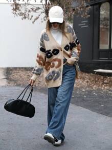 Aveloria Modichic Letter Pattern Button Through Cardigan Oversized Sweater ,Long Sleeve Tops - Multicolor - View 3