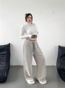 Flirla Quần sọc buộc dây phía trước đa năng thường ngày cỡ lớn, mặc hàng ngày - Màu be - Xem 5