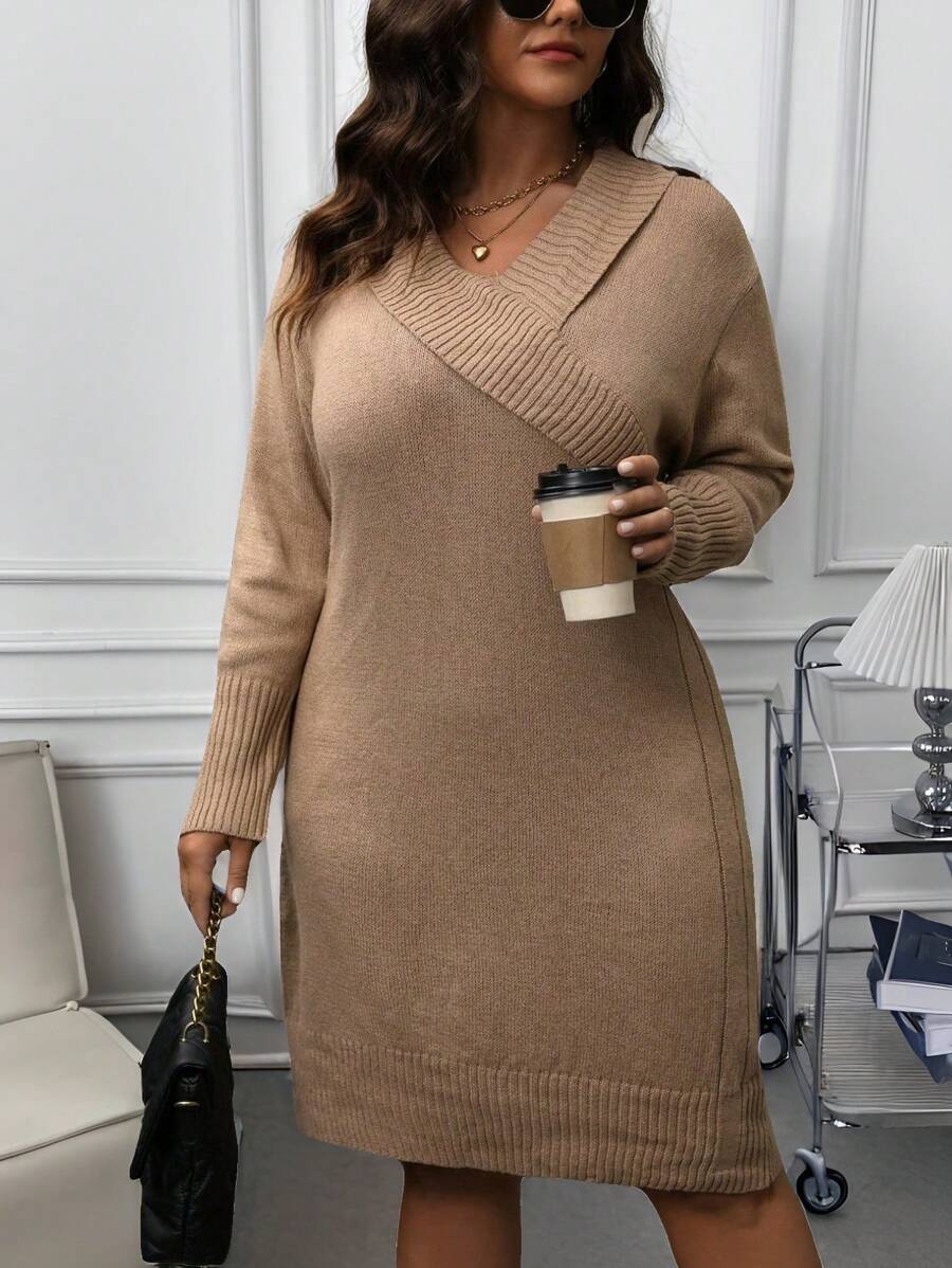 SHEIN LUNE Plus Size Solid V-Neck Casual Long Sleeve Sweater Dress - Camel - View 1