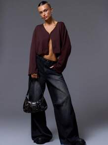 MUSERA Áo khoác cardigan tay dài móc khóa phong cách mùa xuân Y2K thập niên 90 dễ thương thường ngày - Màu nâu Sô-cô-la - Xem 4