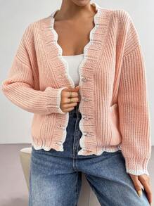 Chiquease Casual Contrast Color Trim Double Pockets Cardigan, Autumn/Winter