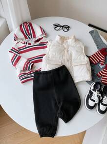 SHEIN 3pcs Set Baby Boy/Girl Autumn/Winter Warm White Fleece Jacket Vest Striped Hoodie Sweatshirt And Pants, Suitable For Outdoor, Skiing