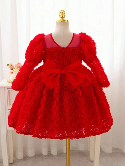 Glamorique Kids Girls' Christmas Rose Flower Print Long Sleeve Party Dress, Young Girl Holiday Partywear