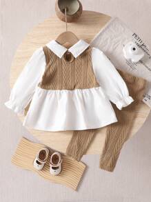 SHEIN Playful Pals 2pcs Baby Girl Spring/Autumn Lapel Colorblock Set, Patchwork Long Sleeve Shirt & Pants