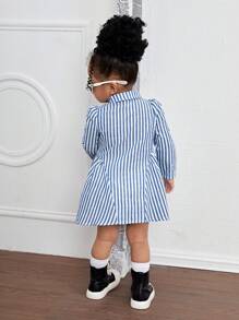 Bubblio Baby Girl Woven Long Sleeve Striped Collared Fitted Casual Dress (Tie Not Included) - Blue - View 2