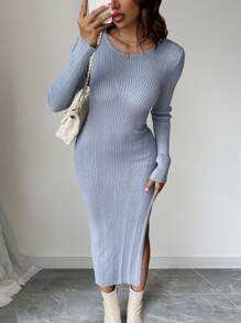 Chiquease Solid Color Fitted Side Slit Sweater Dress, Spring/Autumn - Blue - View 5