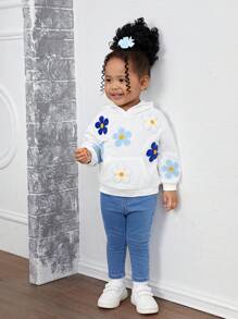 SHEIN Leap Crew Baby Girl Cute Floral Embroidered White Hooded Sweatshirt For Fall & Winter - White - View 3