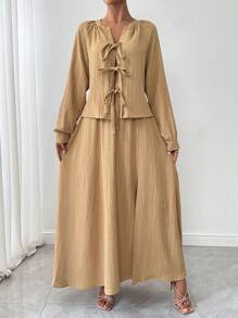 SHEIN Unity 2 件套女士简约休闲日常系带纹理上衣和开衩下摆裙子套装，秋季 - 杏色 - 查看 5