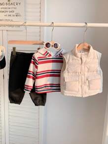 SHEIN 3pcs Set Baby Boy/Girl Autumn/Winter Warm White Fleece Jacket Vest Striped Hoodie Sweatshirt And Pants, Suitable For Outdoor, Skiing