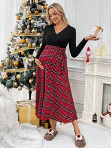 SHEIN Maternity Solid Color Splice V-Neck Simple Casual Dress, Long Sleeve - Multicolor - View 5