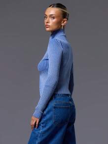 MUSERA Áo khoác cardigan dài tay cổ cao có gân, khóa kéo, kiểu dáng thường ngày, phong cách Y2K thập niên 90, kẻ sọc, dễ thương, màu pastel, đồ cơ bản cho mùa hè, sân bay, kỳ nghỉ, lễ hội, trở lại trường học, mùa đông, hàng ngày, công sở, thanh lịch. - Màu xanh lam - Xem 2