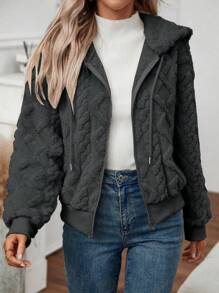 EMERY ROSE 1 Áo khoác trùm đầu tay dài khóa kéo phía trước màu trơn cho nữ - Màu xám đen - Xem 6