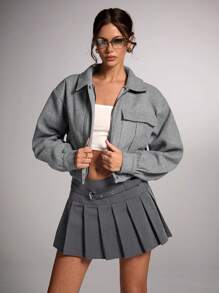 SHEIN BAE Áo khoác nữ dáng ngắn, màu trơn, có túi gập, vai rớt, dáng rộng, màu xám, dày dặn, ấm áp, thích hợp cho mùa đông, Lễ Tạ ơn và Halloween. - Xám - Xem 2