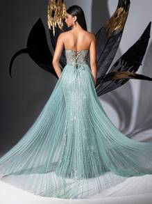 Vestido de fiesta formal con lentejuelas Glamour Goddess de LUVISTRUE - Vestido de noche de lujo para mujer para alfombra roja, fiesta de cumpleaños, temporada de baile de graduación, galas, baile benéfico, ceremonia de premios, en unicolor con cuello sin tirantes, encaje y abertura