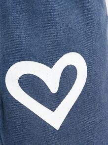 女童休闲宽松玫瑰红色爱心印花牛仔连体裤 - 中等水洗藍 - 查看 3