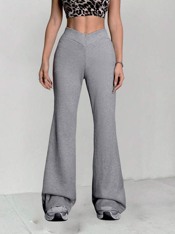 SHEIN EZwear Women's Streetwear Casual Vintage Knit Rib Knit Microfleece Textured Comfy Boot Cut Pants