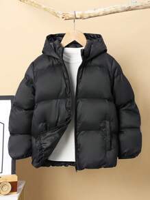 SHEIN Tween Girl Loose Casual All-Match Comfy Warm Thicker Hooded Jacket - Black - View 1