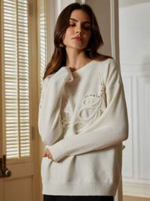 Aveloria Rosie Áo len dài tay dáng rộng, cổ tròn, kiểu Pháp, tay dài, thêu tay thủ công, đính ngọc trai giả và sequin, thích hợp cho mùa thu đông. - trắng - Xem 3