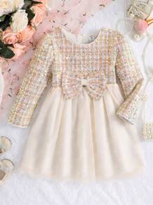 SHEIN Glamorique Kids Christmas Young Girl Sequin Dress, Beige-Color Beaded Long Sleeve Blouse Paired With Beige Tulle, Bow Decor At Waist. Perfect For Party Or Special Events, Instantly Become The Center Of Attention - Champagne - View 3