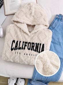 SHEIN Teen Girls Ivory Textured Teddy Fleece Letter Graphic Casual Pullover Hoodie,In Fall/Winter