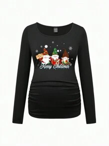 SHEIN Christmas Costumes Casual Cute Santa's Elves Print Loose Fit Long Sleeve Regular Pregnant Women T-Shirt, Autumn/Winter, Cotton - Black - View 6