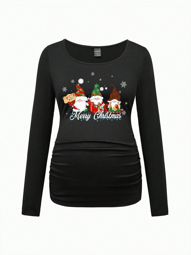 SHEIN Christmas Costumes Casual Cute Santa's Elves Print Loose Fit Long Sleeve Regular Pregnant Women T-Shirt, Autumn/Winter, Cotton - Black - View 6