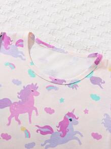 Young Girl' Light Peach Unicorn Allover Print Long Sleeve Nightgown & Round Neck Long Sleeve Pants Set, Flame Retardant Loungewear Suitable For Family Party And Photoshoot