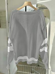 SHEIN Unity 女式休闲拼色双口袋字母压纹纽扣正面开衫，秋冬 - 灰色 - 查看 2