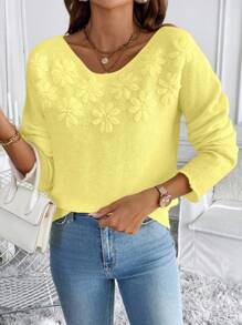 Chiquease 圆领纯色长袖基本款套头衫、休闲装、长袖上衣 - 芥末黃 - 查看 4