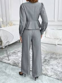 Chiquease 女士休闲纯色泡泡袖单排扣荷叶边下摆衬衫和宽腿宽松裤套装，春秋 - 灰色 - 查看 2