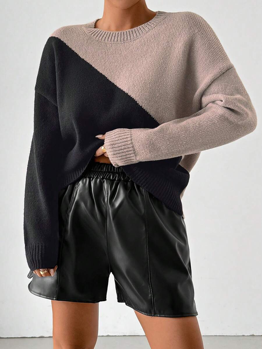 Chiquease Women's Colorblock Round Neck Long Sleeve Casual Pullover Sweater, Knit Pullover Fall Winter - Multicolor - View 1