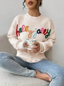 SHEIN Unity Sweater Rajut Kasual Wanita Lengan Panjang Leher Bulat dengan Motif Huruf dan Patchwork, Atasan Rajut Lengan Panjang untuk Musim Gugur dan Musim Dingin - Aprikot - View 3