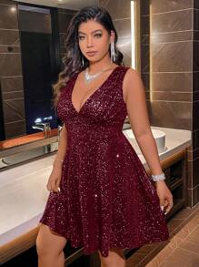 Plus Size Women V-Neck Shiny Luxurious Sleeveless Party Dress - Burgundy - View 7