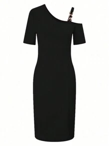 SHEIN Clasi 女士夏季純色不對稱領短袖修身優雅連衣裙，側面高開衩 - 黑色 - 查看 3