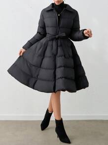 SHEIN Tall Zip-Up Belted A-Line Long Sleeve Winter Jacket - Black - View 6