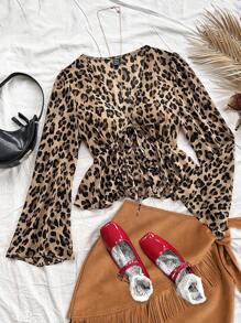 Soleia Women's Vacation Leopard Print Button-Front Tie-Bow Ruffle Hem Flare Sleeve Blouse, Fall Women Clothes,Halloween Customs Women,Concert/Thanksgiving Outfits