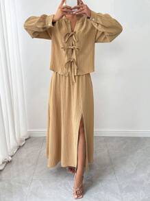 SHEIN Unity 2 件套女士简约休闲日常系带纹理上衣和开衩下摆裙子套装，秋季 - 杏色 - 查看 6
