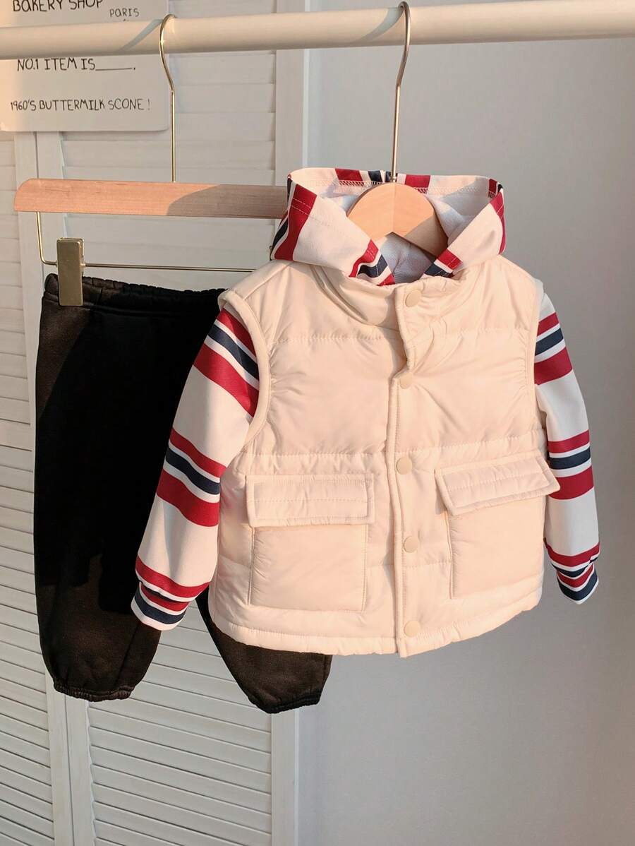 SHEIN 3pcs Set Baby Boy/Girl Autumn/Winter Warm White Fleece Jacket Vest Striped Hoodie Sweatshirt And Pants, Suitable For Outdoor, Skiing
