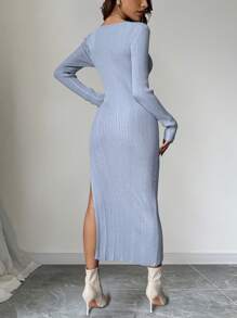Chiquease Solid Color Fitted Side Slit Sweater Dress, Spring/Autumn - Blue - View 2