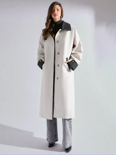 EURMUSE Women Colorblock Slant Pocket Single Breasted Placket Trench Coat