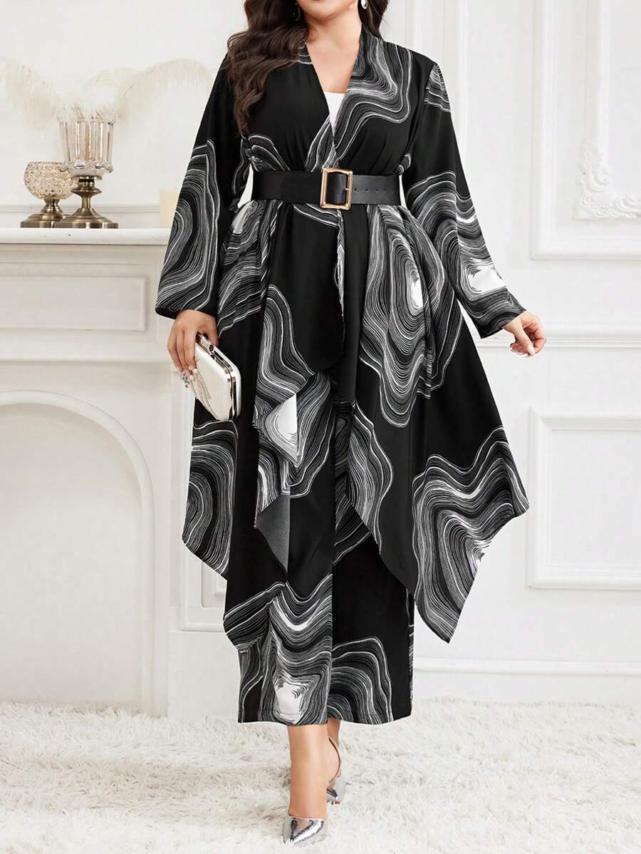 Modelyn Plus Size Swirl Print Jacket And Pants 2 Pieces Set, Casual, Autumn 2 Pieces Set - Black and White - View 1