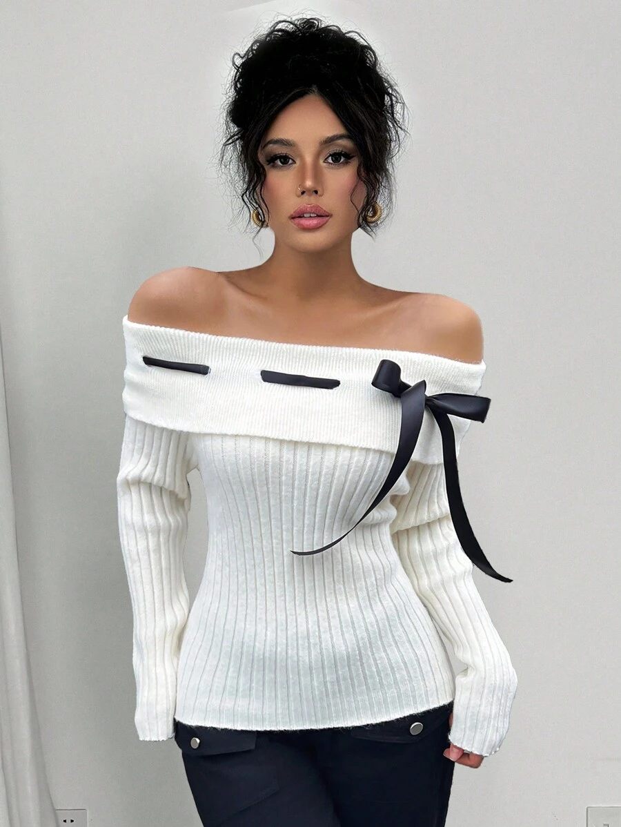 SHEIN Unity Bowknot Off Shoulder Pullover Sweater, Knit Pullover Fall Winter - Beige - View 1