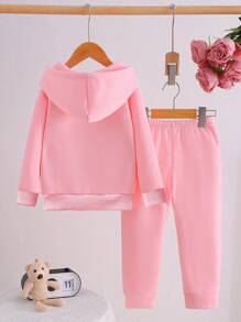 年轻女孩时尚休闲可爱豹纹字母“DANCE”和心形图案保暖内衬连帽衫搭配运动裤，适合秋冬季日常穿着和外出 - 粉色 - 查看 2